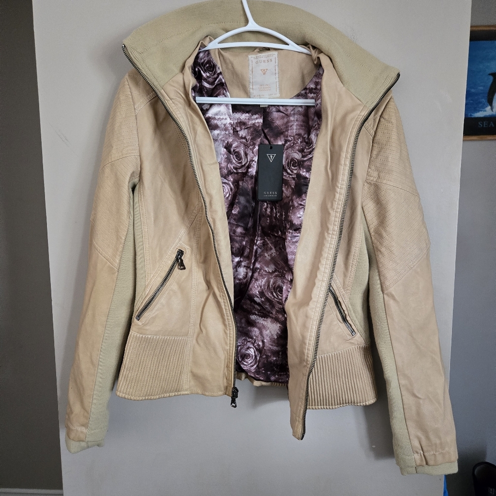 Guess NWT Moto Jacket Women Biker Tan Camel Medium Coat Top Bomber Y2K - Picture 4 of 15